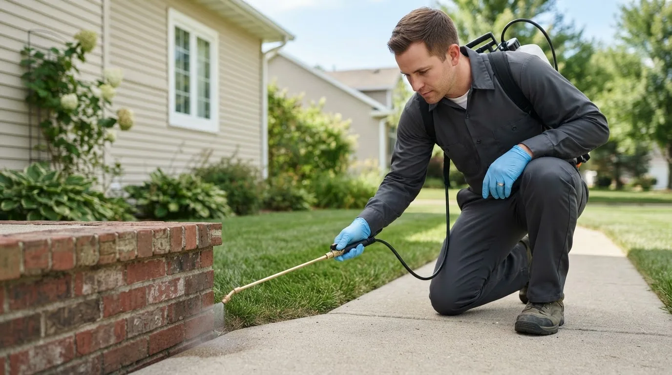 Pest control technician treating a home near Manchester, MA